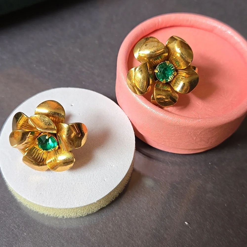 Coro Gold Tone 3D Flower Earrings with Green Stone